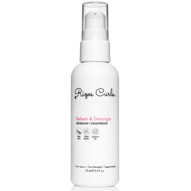 Rizos Curls Travel Refresh & Detangle Spray Hidratante Sin enjuague Hidrata y reduce el encrespamiento Añade brillo y definición con aceite de coco, aloe vera y manteca de karité, 2.5 oz