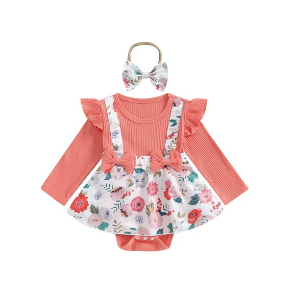 Caoirhny Newborn Girl Outfit, Long Sleeve Crew Neck Flower Print Romper Dress with Bowknot Headband Clothes