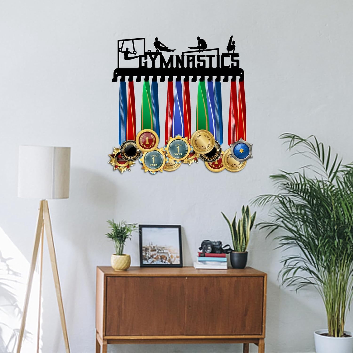 Gymnastics Medal Hanger Medal Display Holder Hanger 17 Hooks Metal Medal Rack Frame Sport Awards Ribbon Holder Personalized Wall Mount Tiered Award Rack for Medals Athletes Men Women 1set