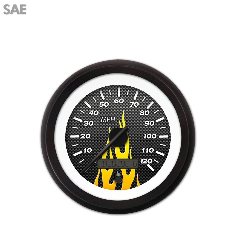Speedometer Gauge SAE Carbon Fiber Yellow Flame, Black Modern Needles 426 ktm