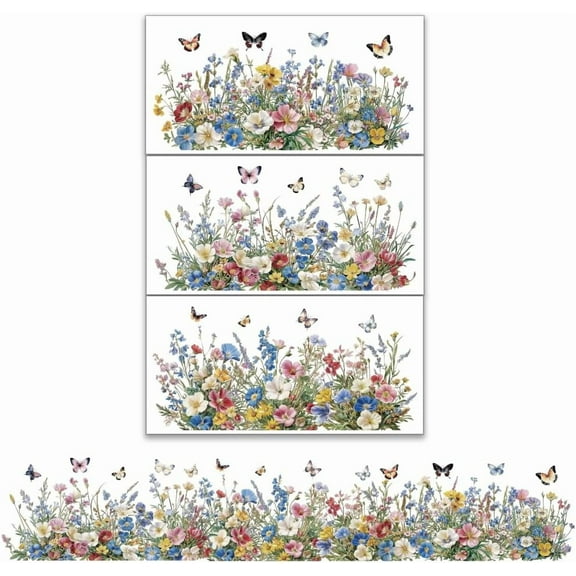3Pcs/Set Floral Furniture Transfer Stickers 12x6 Inch Flower Rub on Transfers for Furniture and Crafts Grass Butterflies Transfer Stickers Rub on Decals for Wood Window Home Decor