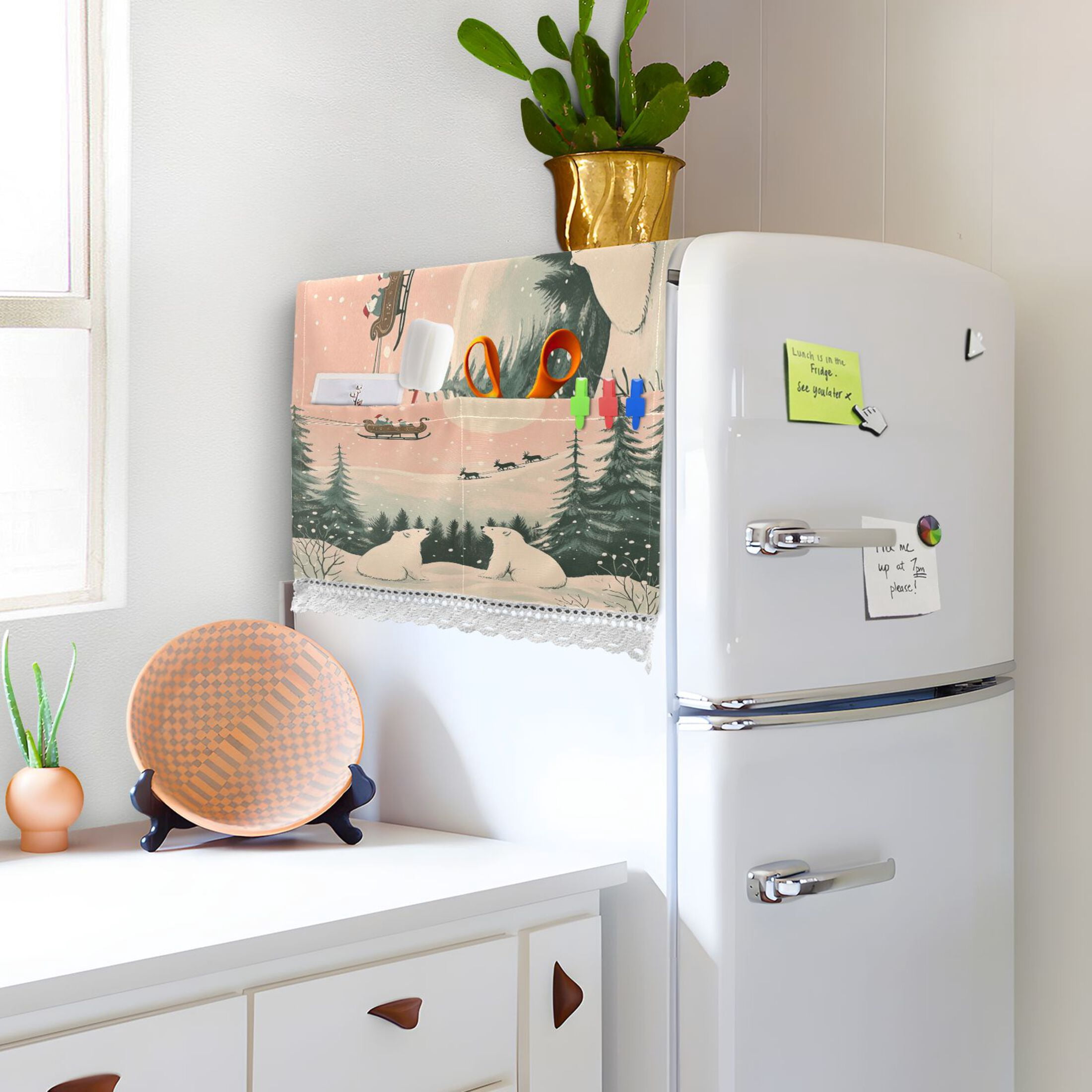 Two Polar Bears in The SnowWasher and Dryer Covers Dust-Proof and Oil Resistant Fridge Cover with 4 Storage Pockets Washing Machine Top Cover for Laundry Kitchen Home 51.2 x 22 In