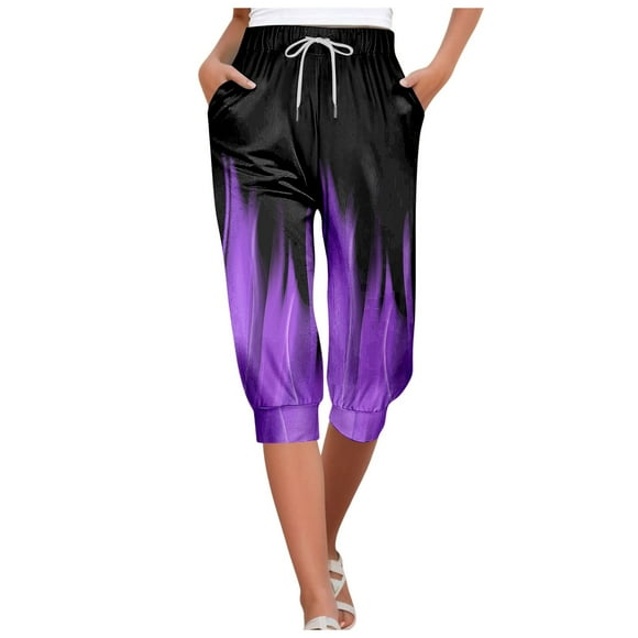 Slacks for Women Fashion Print Thin Breathable Sweatpants Capris Pants Bottom Drawstring Joggers Baggy Sweatpants for Women Purple S