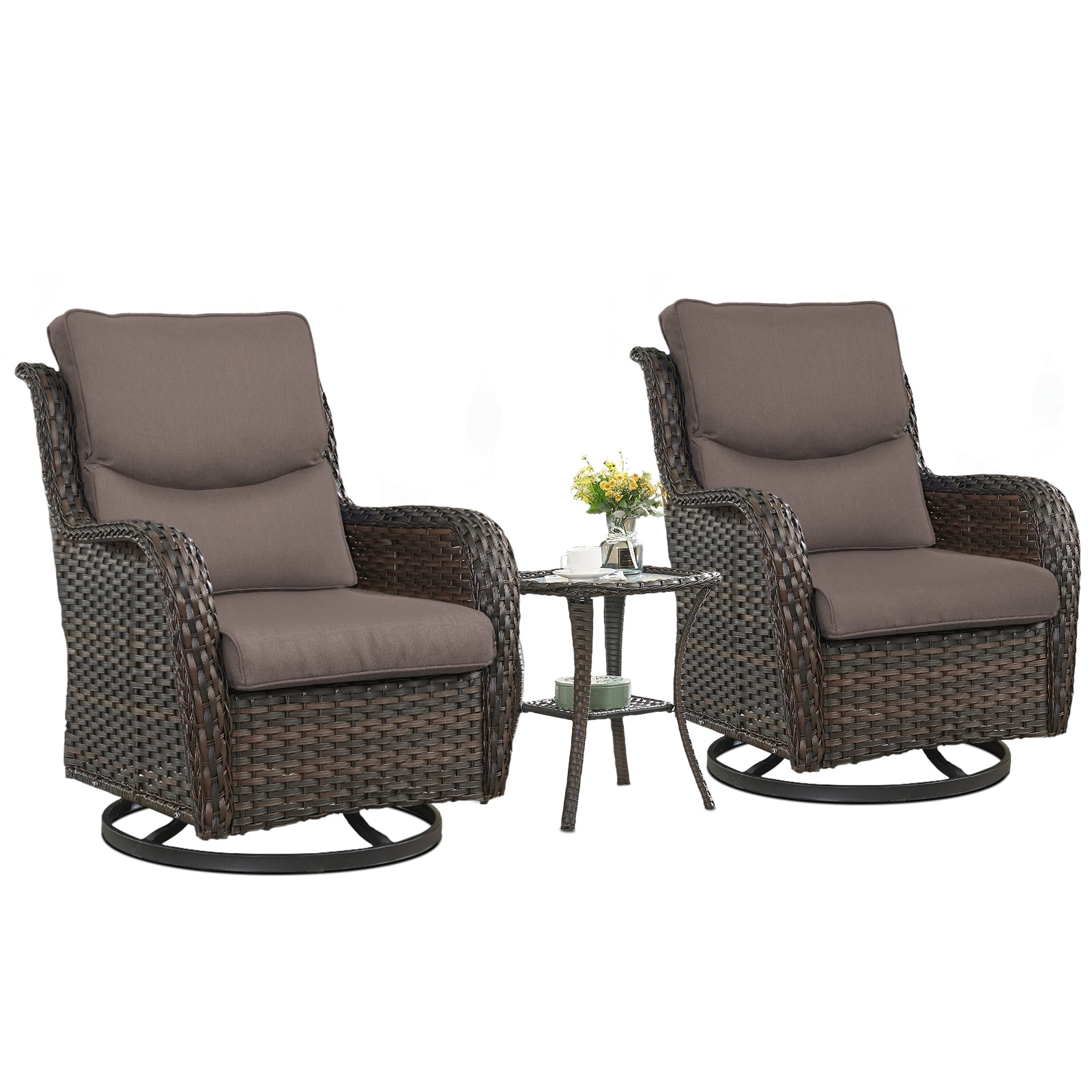 Gymojoy 3 Pieces Patio Furniture Set, Outdoor Swivel Gliders Rocker, Wicker Patio Bistro Set with Rattan Rocking Chair for Backyard,Porch( Gray)