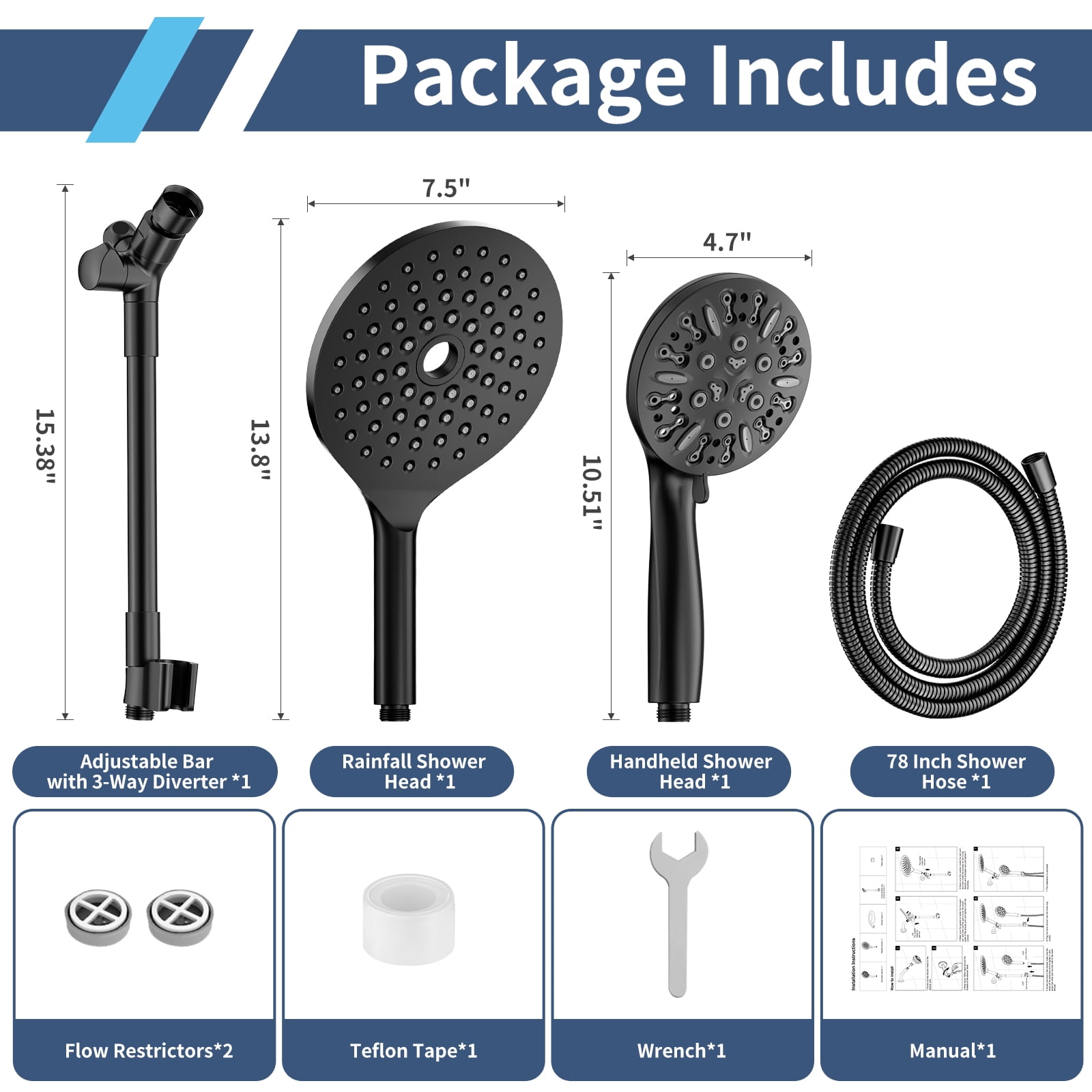 KAIYING Dual Shower Heads with Handheld Spray, 9-Mode Rain Showerhead, High Pressure, 79-Inch Hose, Matte Black
