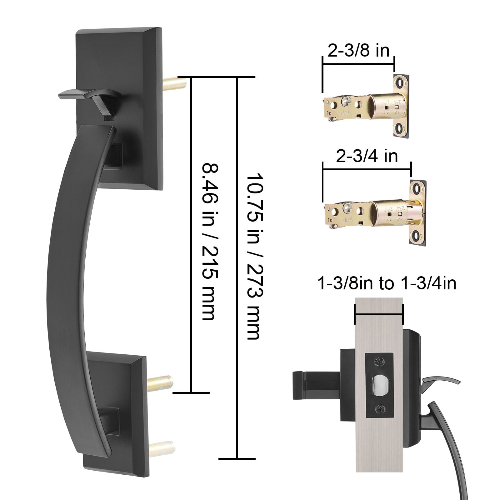 Adjustable Double Door Handle Set with Arched Design, Zinc Alloy Die-Cast, Reversible, 1-3/8 to 1-3/4" Door Thickness