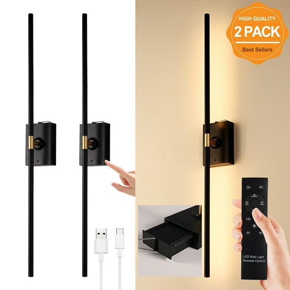 Battery Operated Black & Gold Wall Sconces Set of 2, Wireless Rechargeable Wall Lights with Remote Control, 3000K-6000K Stepless Dimming 360° Rotate Wall Decor Lamp for Living Room Hallway Bedroo
