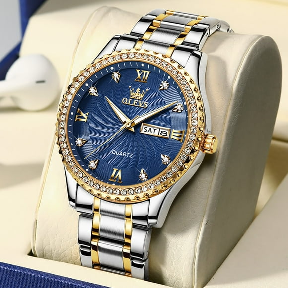 OLEVS Men's Watches Shiny DIamond Threaded Dial Original Quartz Wrist Watch for Man Waterproof Luminous Reloj Date Week Trend