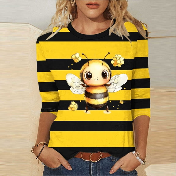 SOOMLON Womens 3/4 Sleeve Shirts Plus Size Tunic Bee Festival Tops Casual Crewneck Shirts Funny Honey Bee Graphic T Shirts 2025 Trendy Spring Summer Ladies Tops Loose Fit Outfits Pullover Yellow XL