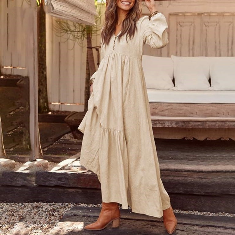 Women's Linen Casual Long Sleeve Maxi Dress Flowy Flared Skirt Comfortable  Elegant Boho Summer Outfit - Walmart.com