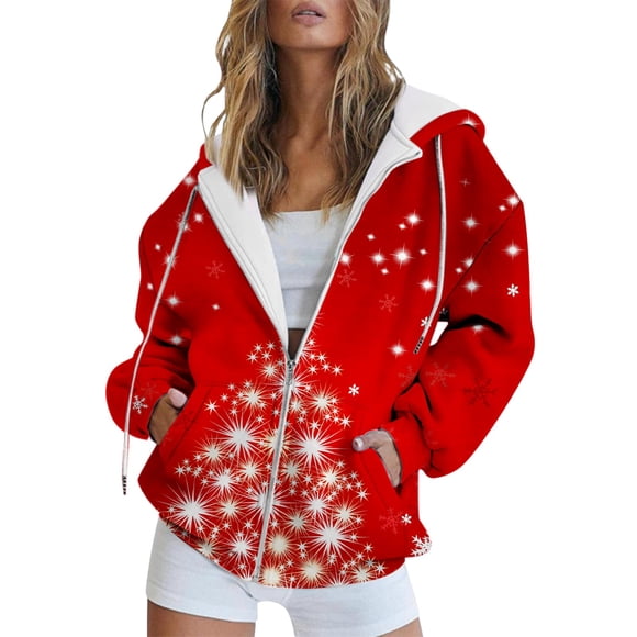 MSJUHEG Womens Hoodies Hoodie Women'S Autumn/Winter/Christmas Printed Casual Loose Zippered Hoodie Sweater Jacket Sweatshirt For Women Pink M