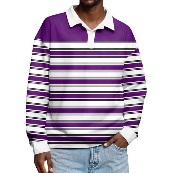 Men's Simple Casual Dense Striped Print Button-Down Long Sleeve Polo Shirt for Bold Striped Look, Statement Pattern for Casual Fashion,Dark Purple,M