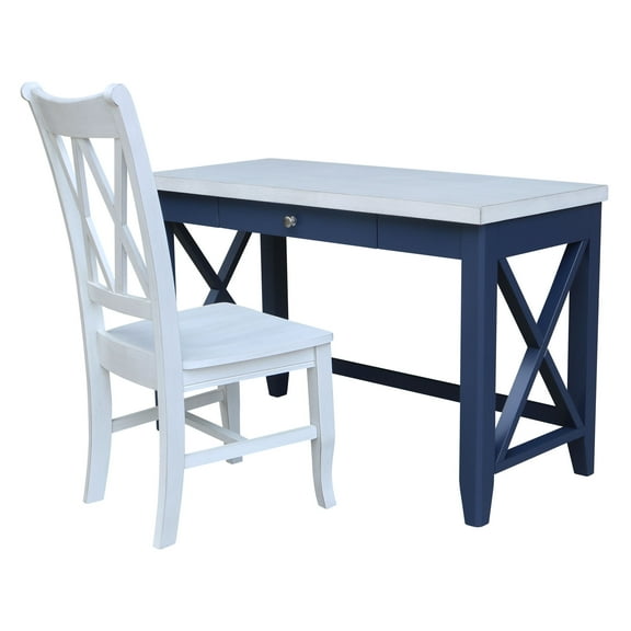 Hampton Wood Desk With Double XX Back Chair in Blue and Antiqued Chalk