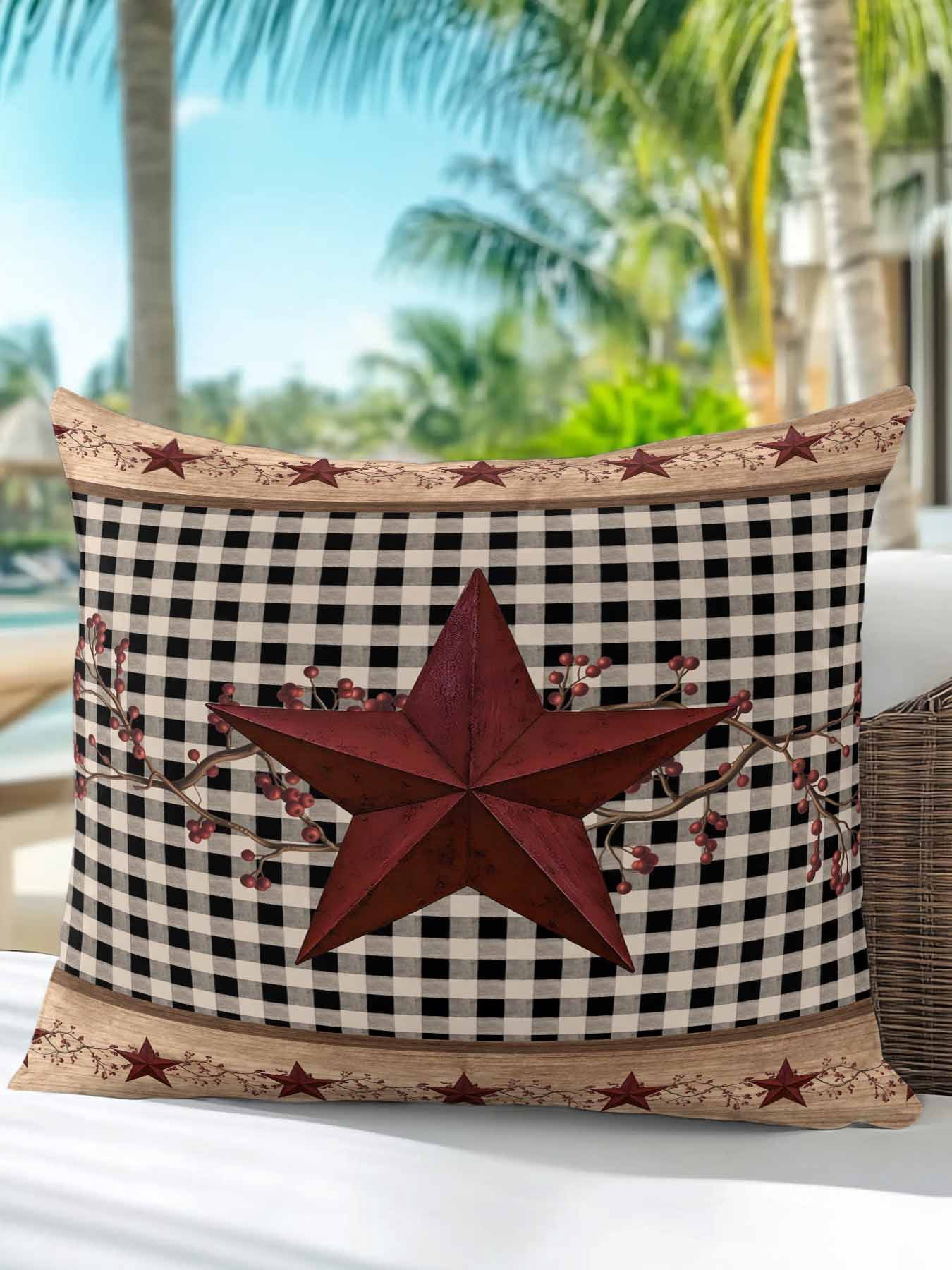 Outdoor Pillows Waterproof, Red Texas Star Farmhouse Bedding Throw Pillows with Insert for Couch Sofa Bed, Black Plaid Berry Country 18x18 Inch Pillowcases Decorative Camping Patio Pillow Set of 1
