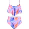 thumbnail image 2 of Women High Waisted Bikini Ruffle Swimsuit Flounce Pom Pom Trim Two Piece Bathing Suit Purple&orange (M, 2 of 8