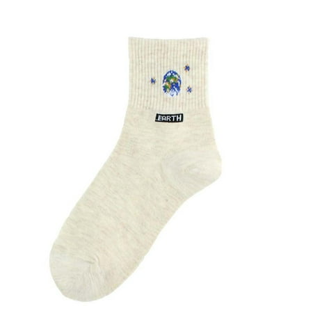 

OOKWE Korean Women Funny Cotton Crew Socks Cartoon Moon for Sun Earth Planet Print Hos