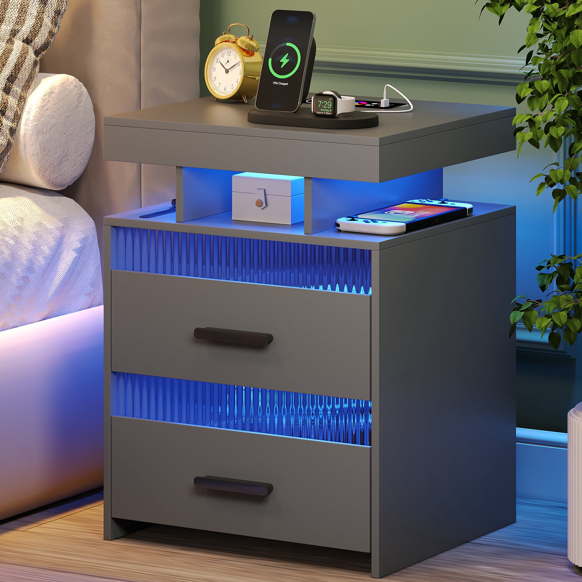 VKCC RGB LED Nightstand with 2 Drawers & Charging Station, Modern Bedside Table for Bedroom Living Room, Grey