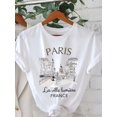 thumbnail image 1 of Women's Paris Print Casual T-Shirt, 100% Polyester Crew Neck Short Sleeve Top, Comfortable Knit Fabric Pullover for All Seasons, 1 of 6