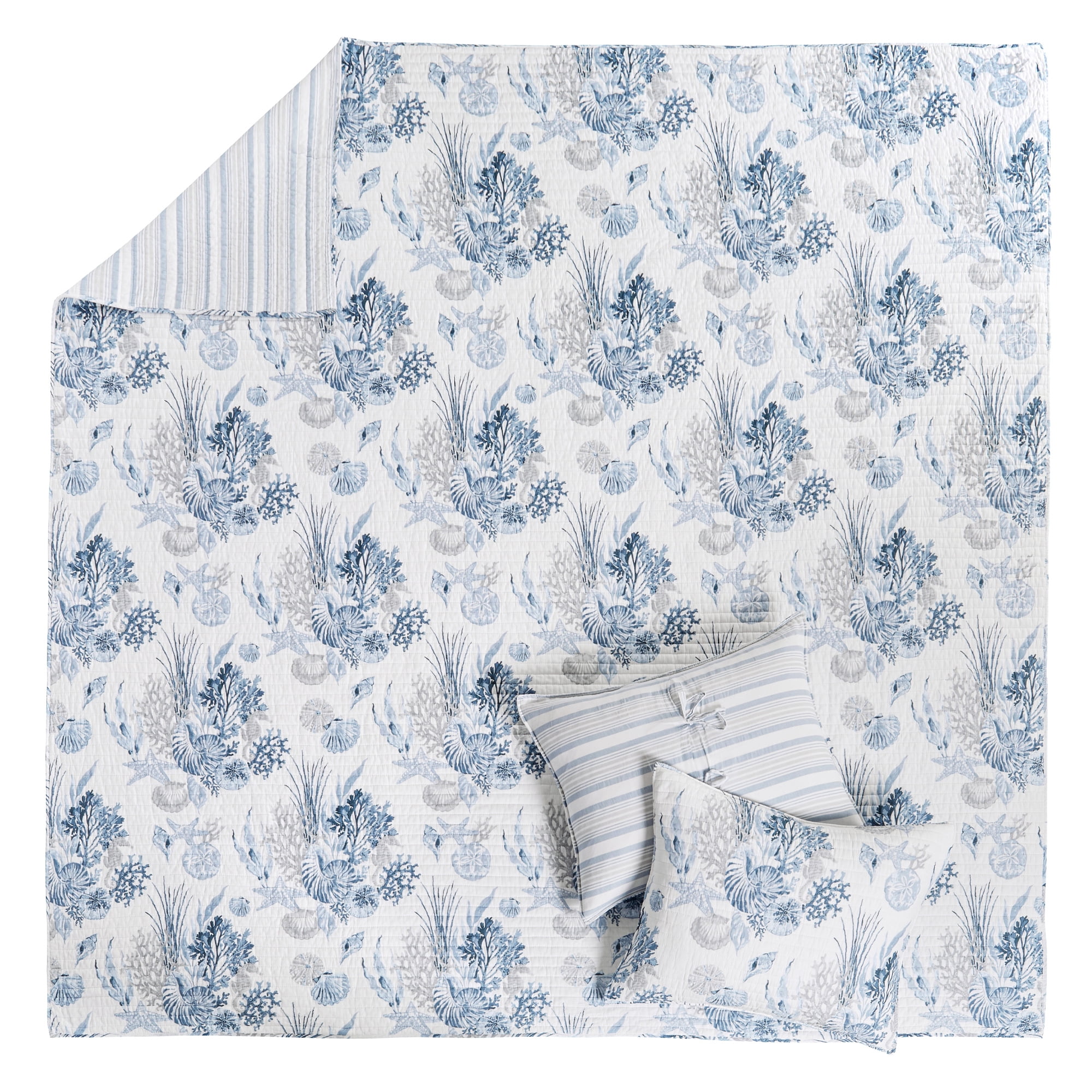 Levtex Home - Coral Landing Quilt Set - King Quilt and Two King Shams - Coastal - Navy Blue Grey White - Quilt (106x92in.) and Shams (20x36in.) - Reversible - Cotton