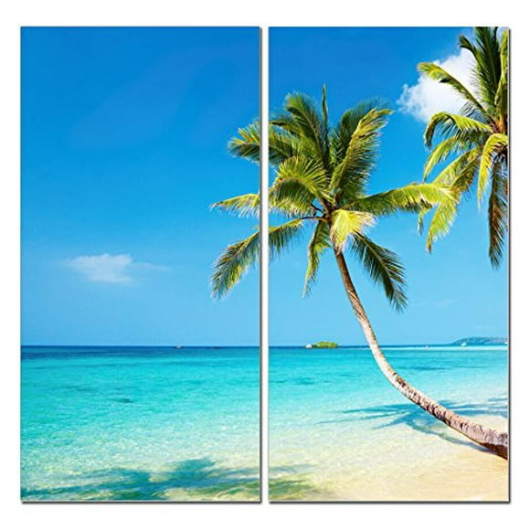 Beach Canvas Wall Art Decor - 2 Piece Set Decorative Multi Panel Split Prints - Palm Tree Ocean Picture for Living Room Kitchen Bedroom Office & Home Decor Gift