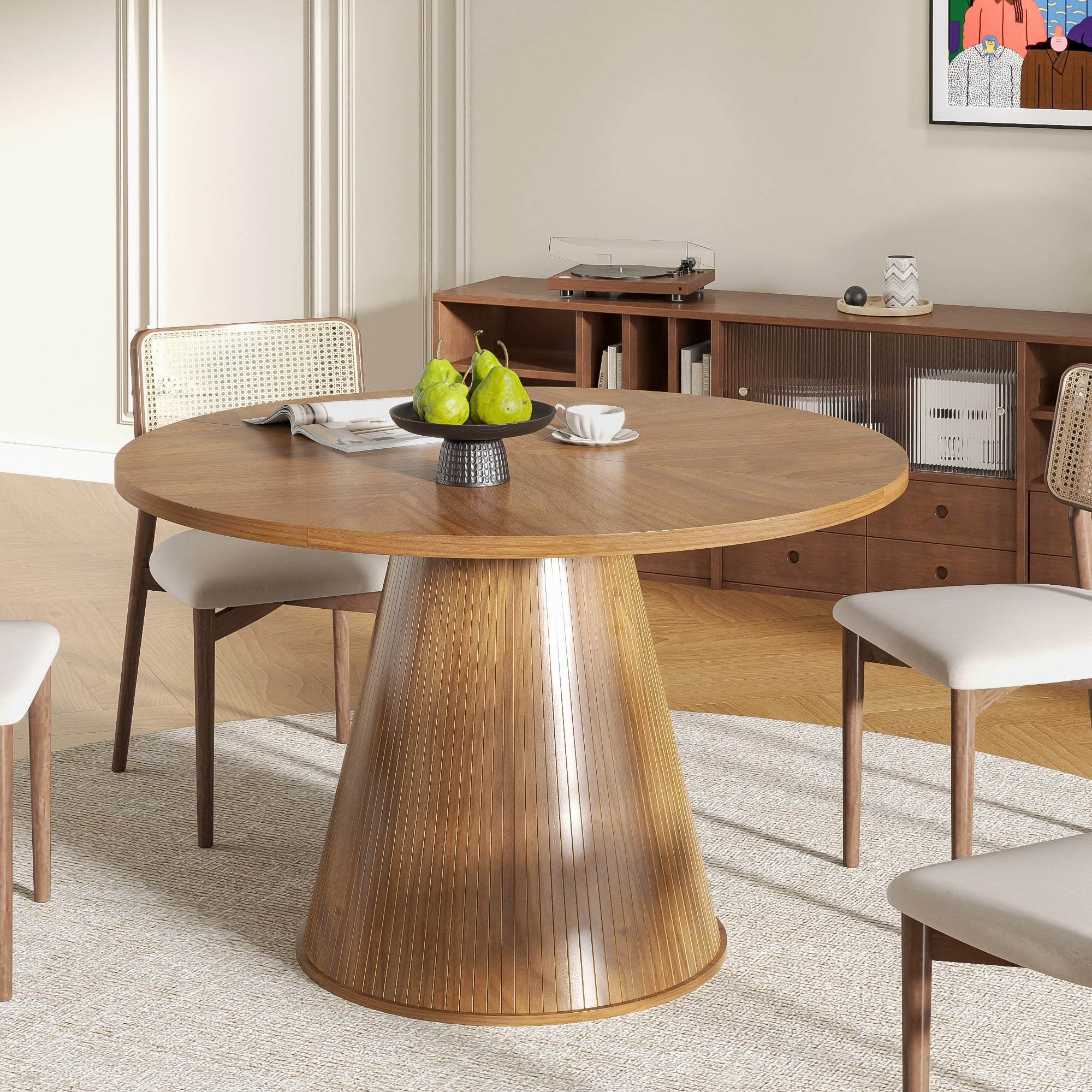 47 inch Round Dining Table for 4, Farmhouse Kitchen Table, Circle Dining Table for Kitchen, Living Room, Walnut