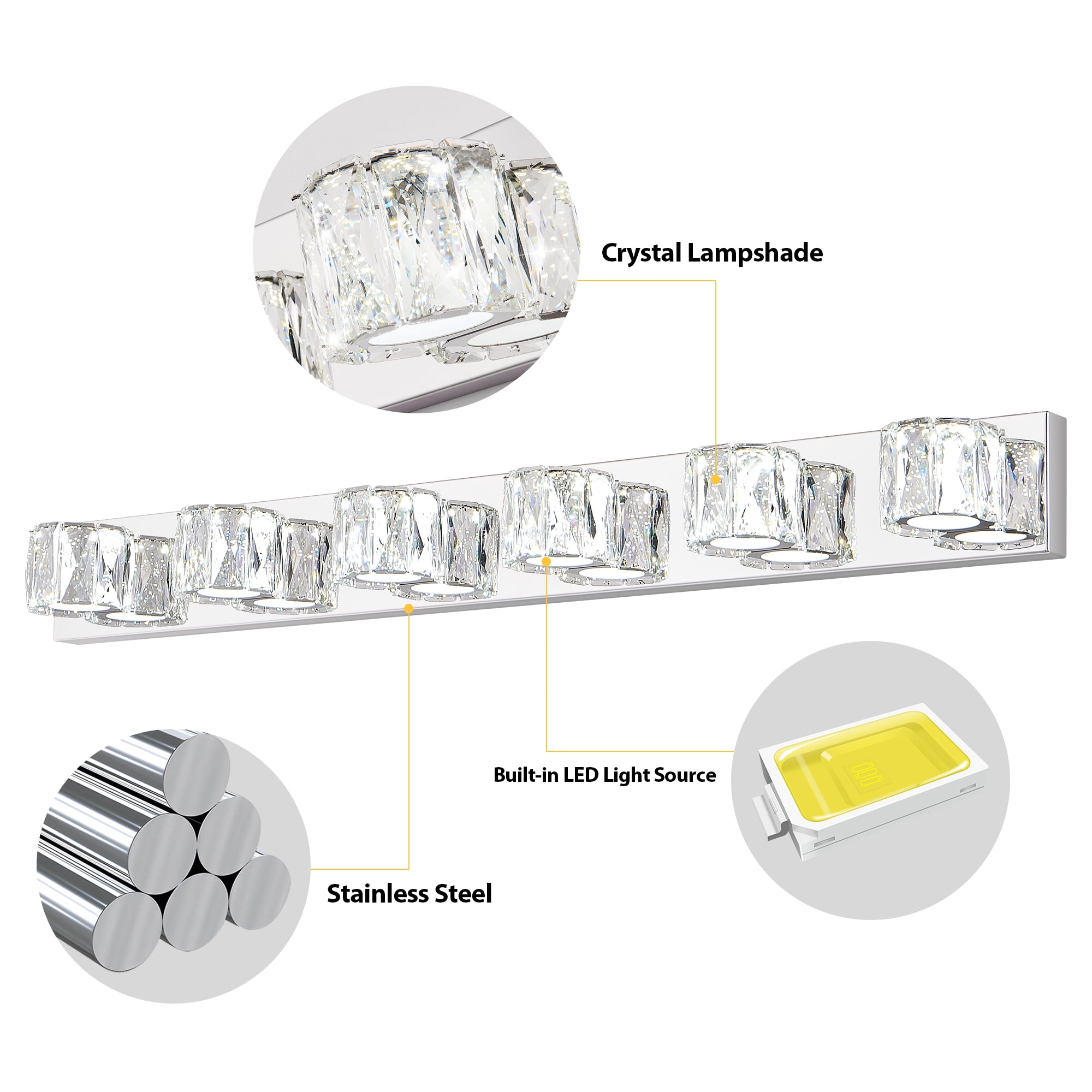 6 Lights Bathroom Crystal Modern Vanity Light 40.9in Vanity Lights for Bathroom - Dimmable LED Over Mirror Cool White Light Bath Light Fixtures Chrome