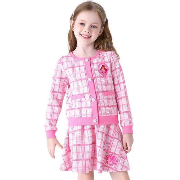 Disney Princess Ariel/Tiana/Cinderella/Belle Girls Skirts Set Preppy Plaid Tweed Jackets with Skirts 2 Pieces Outfit Set Sizes 2-6