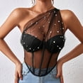 thumbnail image 3 of Mittory One-Shoulder Sheer Corset Top Strapless Mesh Bustier Boned Back Zip Crop Top, 3 of 6
