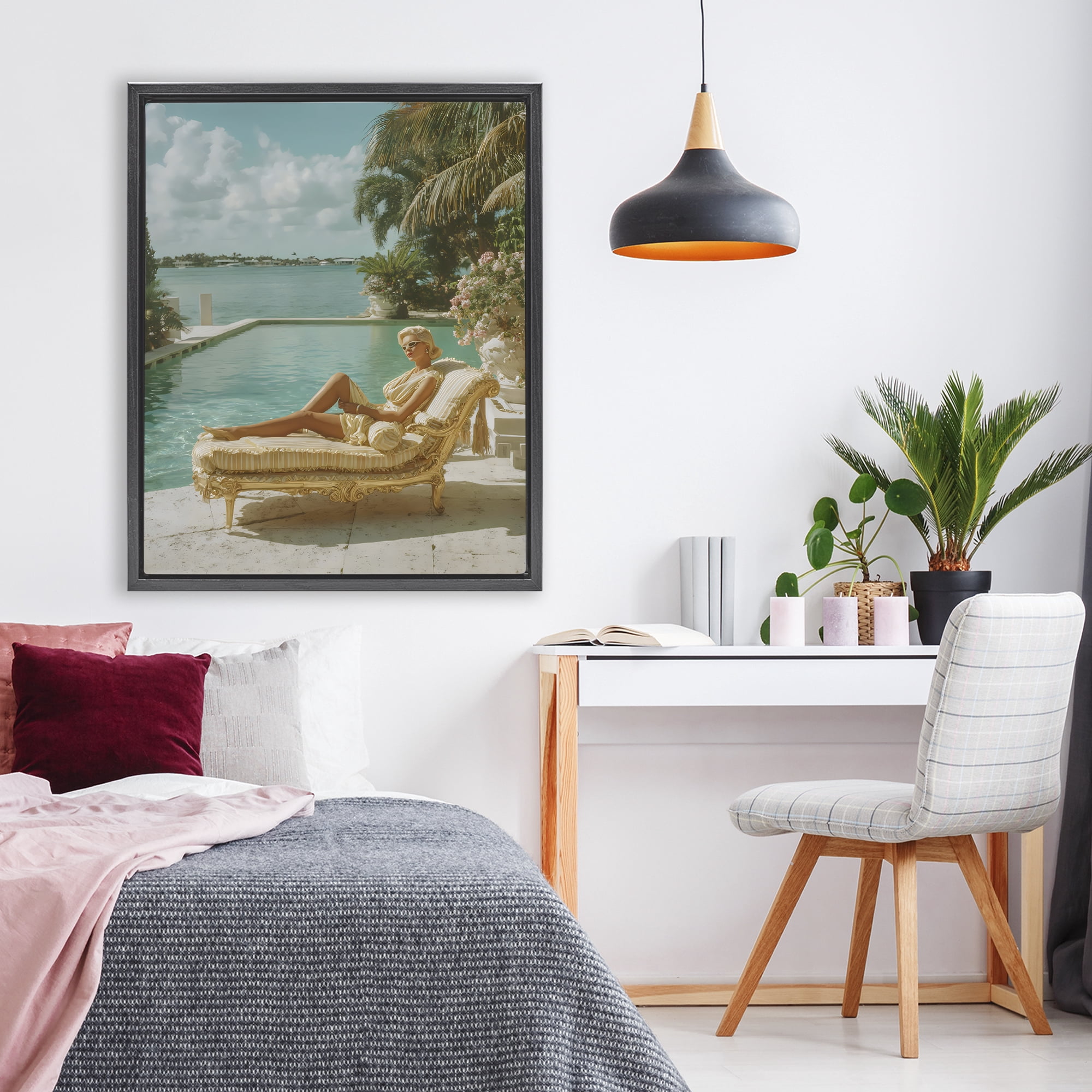Stupell Industries Vintage Poolside Woman Black Framed Floater Canvas Wall Art, design by Franklyn Gregory