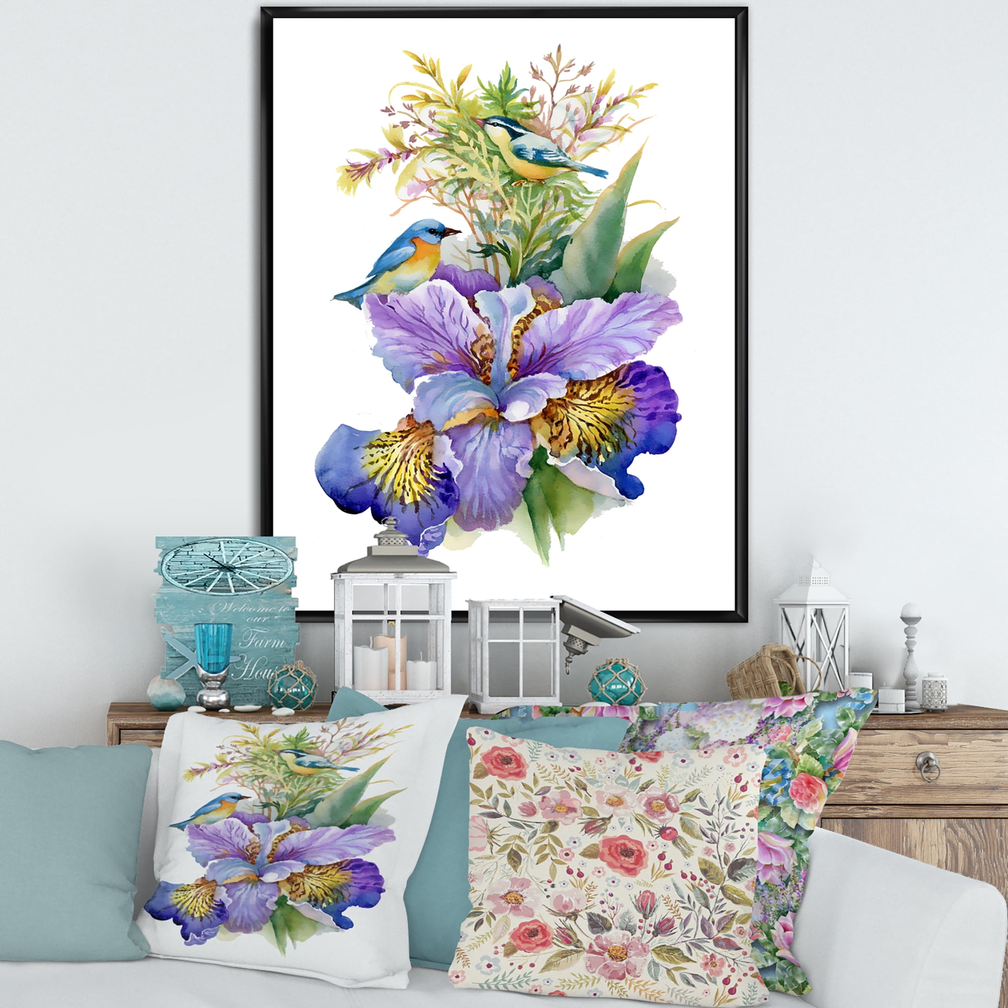 Birds With Purple Iris 16 in x 32 in Framed Painting Canvas Art Print, by Designart