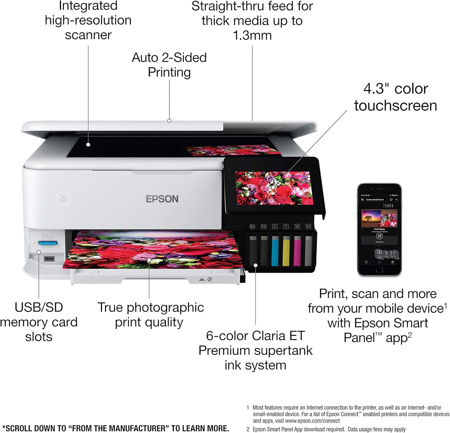 Epson EcoTank Photo ET-8500 Wireless Color All-in-One Supertank Printer with Scanner Copier, Ethernet and 4.3-inch Colorfull Touchscreen - White (Sold without manufacturer warranty)