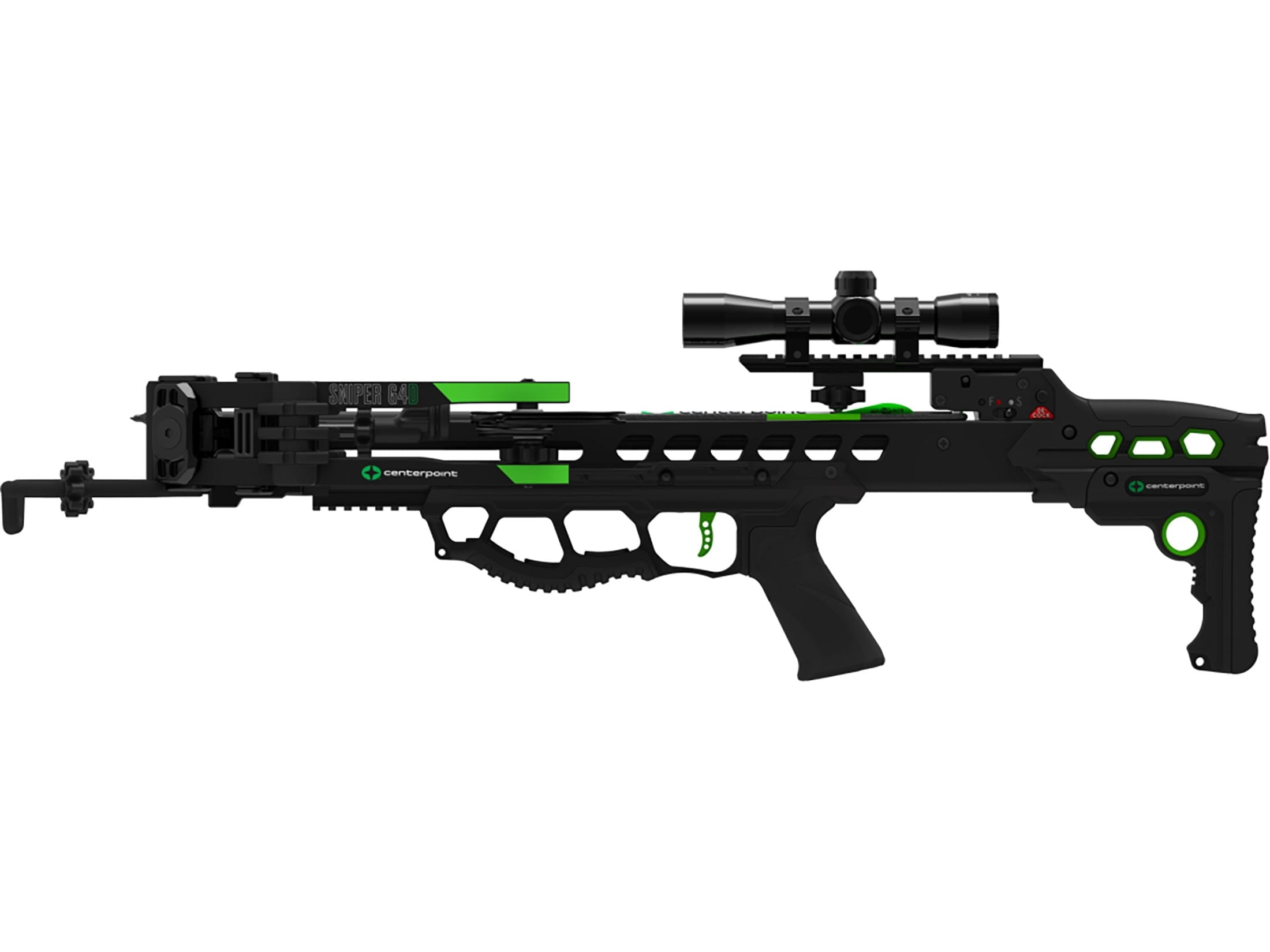 Centerpoint Sniper G4D Crossbow, 400 FPS, 4x32mm Illuminated Scope, Adjustable Stock, Whisper Silencing, Detachable Silent Crank, Includes 20 Carbon Arrows, Quiver, Rope Cocker (C0020)
