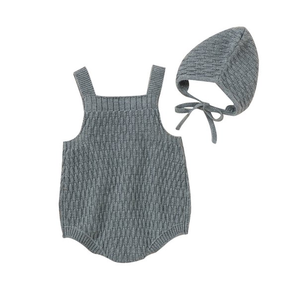 Musuos 2 Pcs Baby's Sleeveless Knitted Vest Romper, Solid Color Lace-up Hat