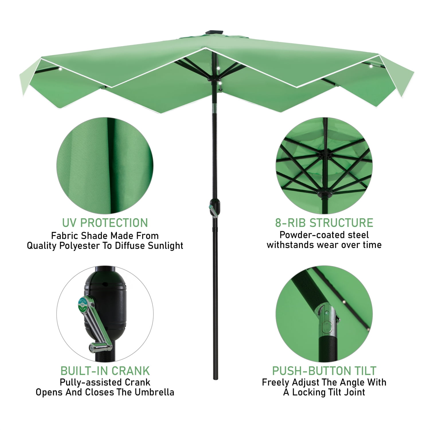 Summit Living 10FT Solar LED Outdoor Market Patio Umbrella with Easy Tilt Adjustment, Green