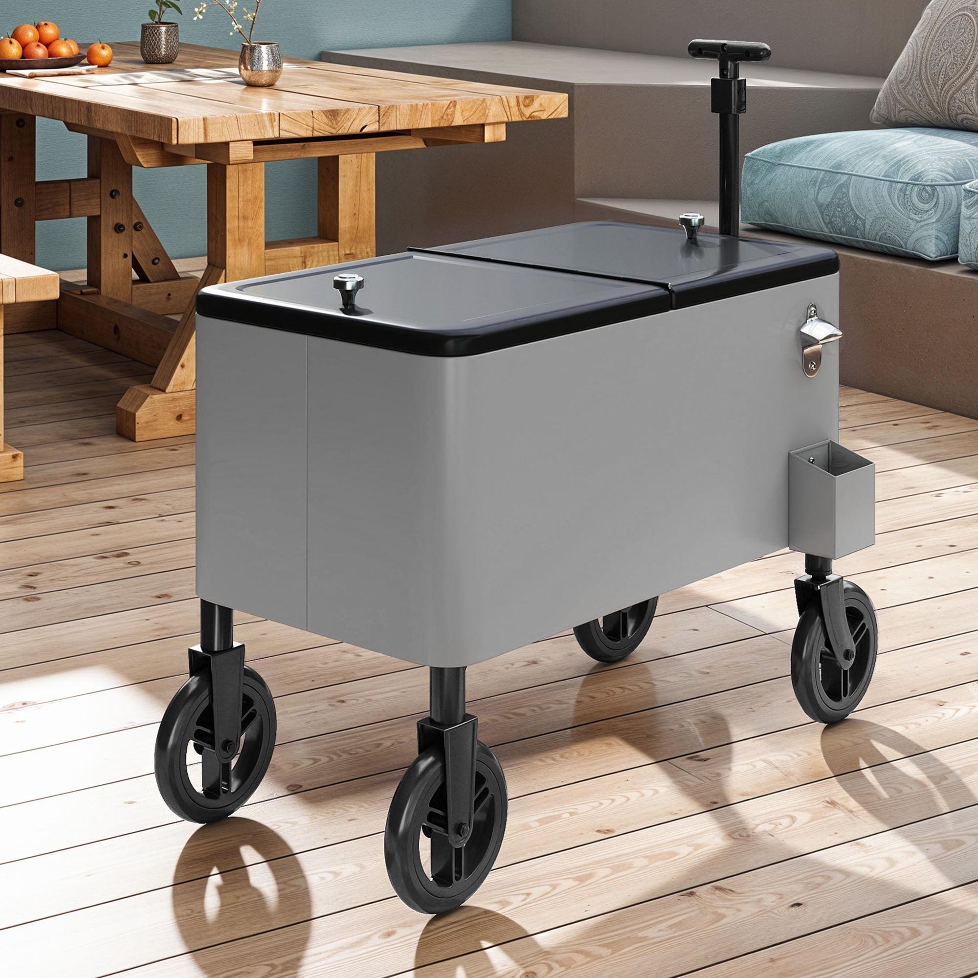Uforic 80 Quart Rolling Cooler Cart with 360° Swivel Wheels, Outdoor Portable Beverage Ice Chest  Cart, with Bottle Opener, Silver