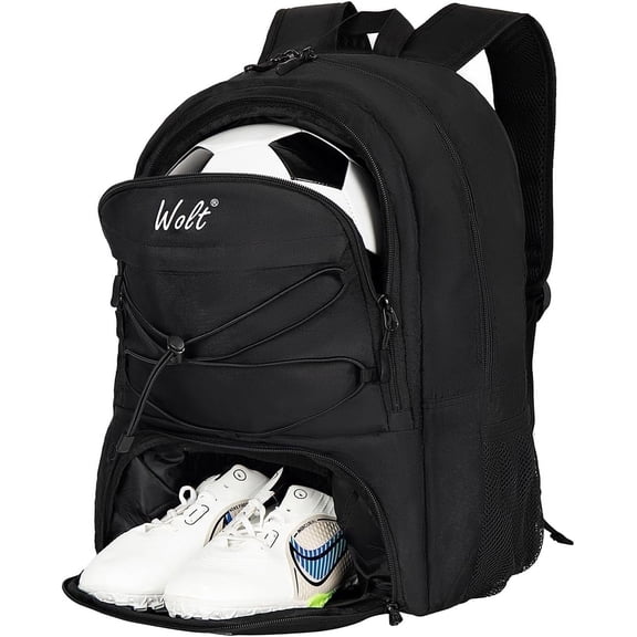 WOLT Mesh Black Soccer Bag Backpack with Shoe and Ball Compartments for Boys Ball Equipment Bag