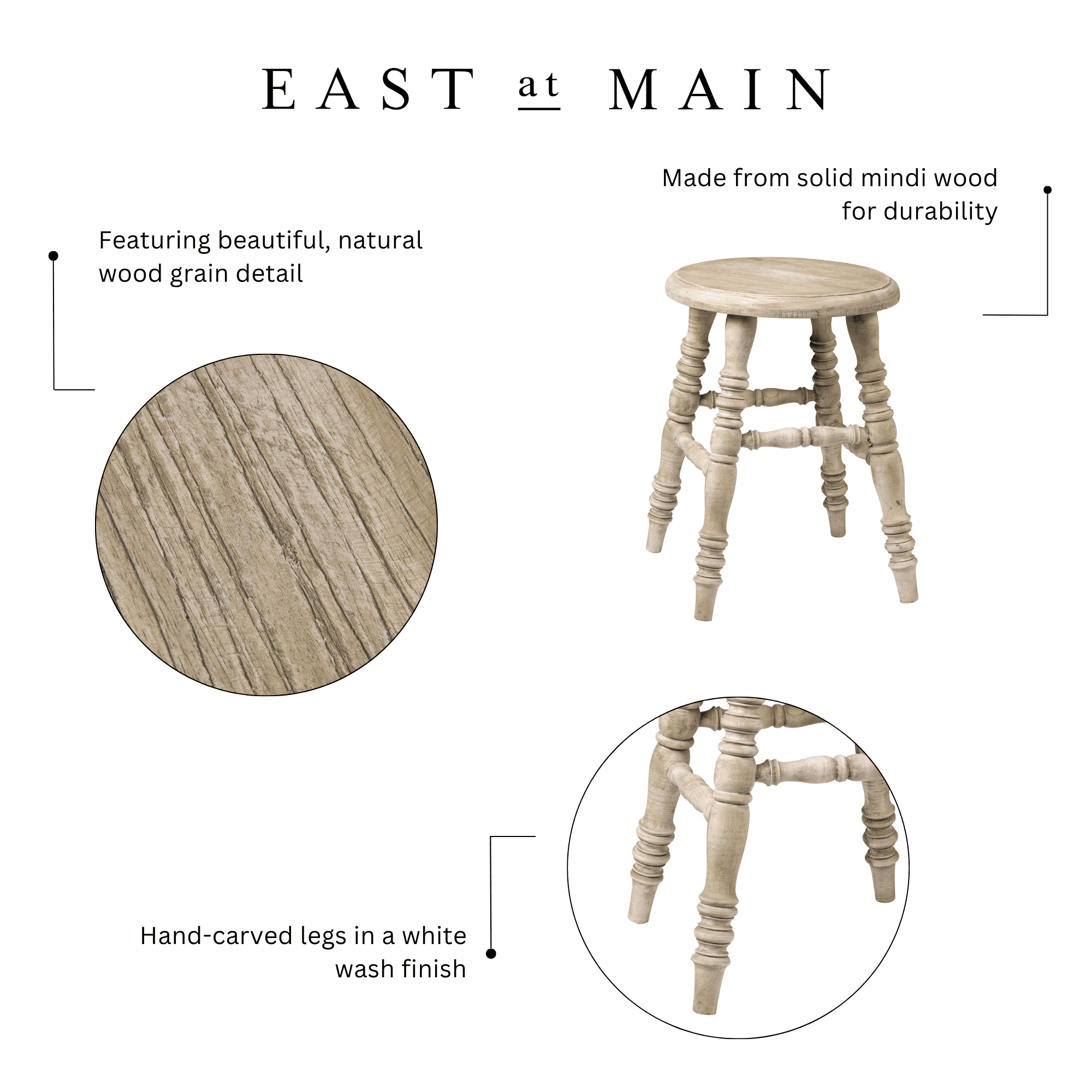 East at Main Backless Wooden Counter Bar Stool, Off-White (Set of 1)