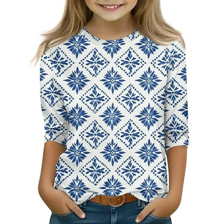 Iaqnaocc Shirts for Children Girls 10-12 3/4 Length Sleeve Cute Floral Print Pullover Tops Girls Fashion Crew Neck Blouses Basic Casual Clothes for Teen Girls Blue 8-9 Years