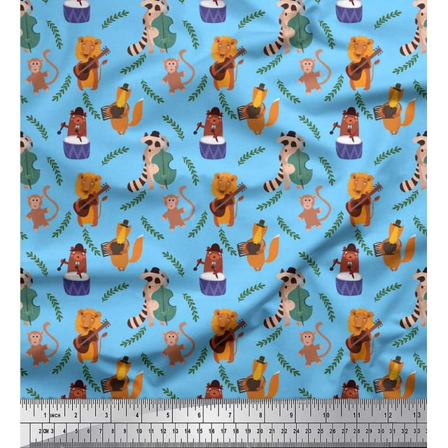 Soimoi Rayon Fabric Leaves,Musical Instruments & Animals Kids Fabric Prints By Yard 42 Inch Wide
