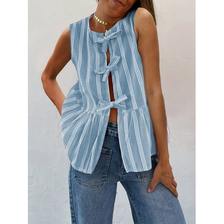 Tie Front Sleeveless Tank Top for Women 2024 Summer Ruffled Hem Stripe Lace Up Vest Open Front Babydoll Vest Tops Streetwear