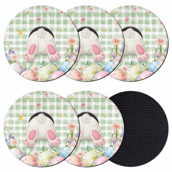 Easter Coasters Set of 6, Absorbent Coasters for Drinks, Spring Rabbit Feet Wildflowers Eggs Green Lattice Coaster for Desk Coffee Table Protection, Home Decor House Warming Gifts 4"