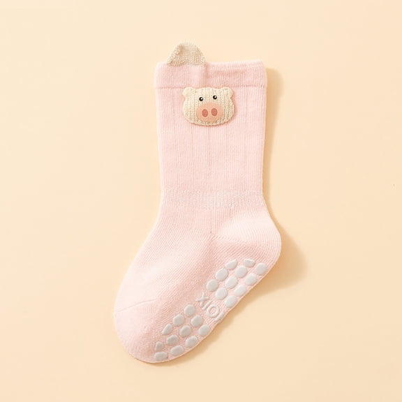 Kids Grip Socks Non-Skid Kids Socks 0-3 Years, 100% Cotton Soft Kids Socks with Silicone Grips, Cute Pig Design Unisex Pink, 1 Pair,Size M