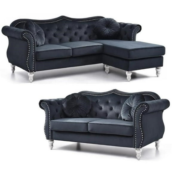 Home Square 2-Piece Furniture Set with Sofa Chaise and Loveseat in Black