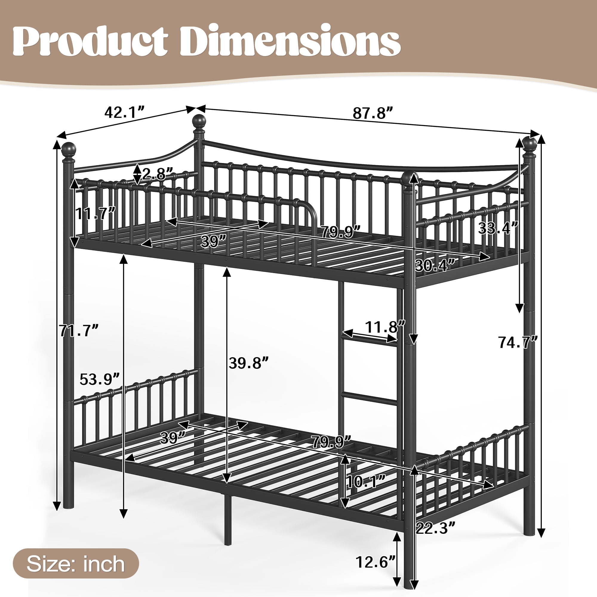 Leumius Twin XL over Twin XL Metal Bunk Bed with Unique Curved Guardrail Design, Round Tube Bunk Bed Frame, Metal Bunk Bed Frame for Kids Teens Adults Black