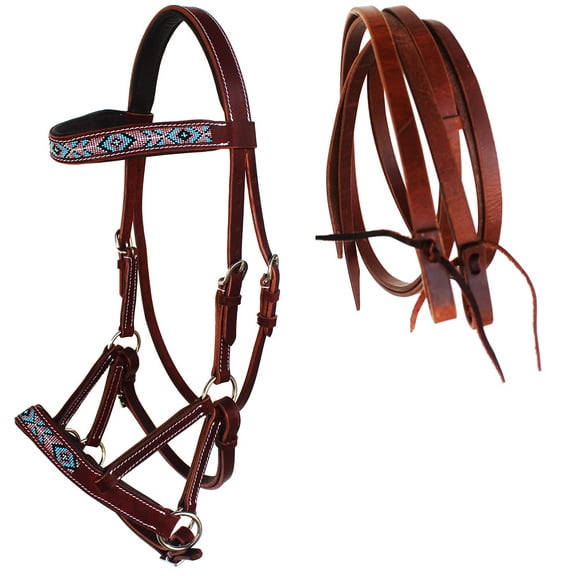 Horse Western Leather Beaded Bitless Sidepull Bridle Reins 77RS20MG-F