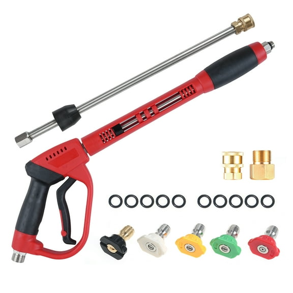 Pressure Washer Gun 5000 PSI Powerful Washing Gun 40inch Length 1/4inch Quick Connect With M22 Water Hose Connector 5pcs Color Nozzle Tips 0, 15, 25, 40, Soap Mode Safety Trigger