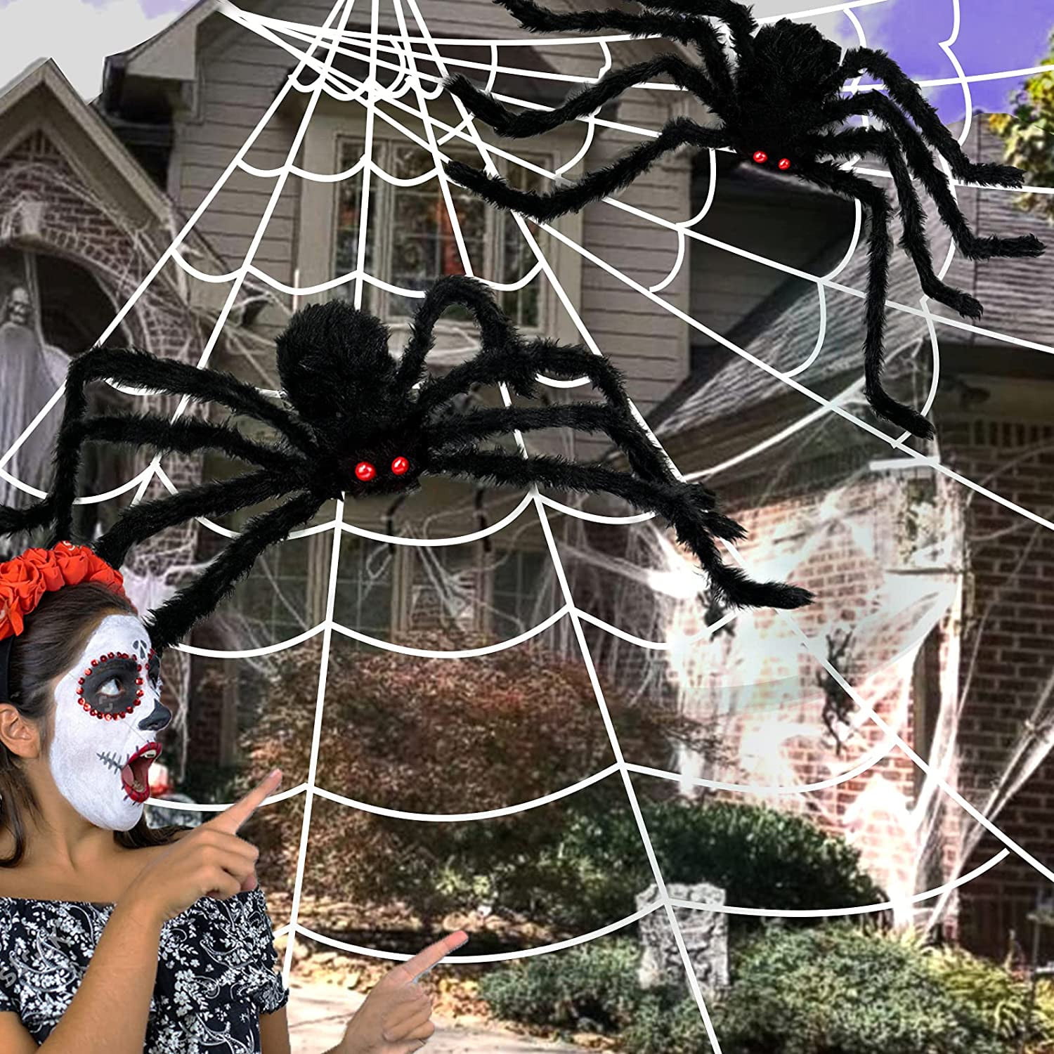 Hanging Black Spiders and Stretchable Web Halloween Haunted House Decoration Toy 