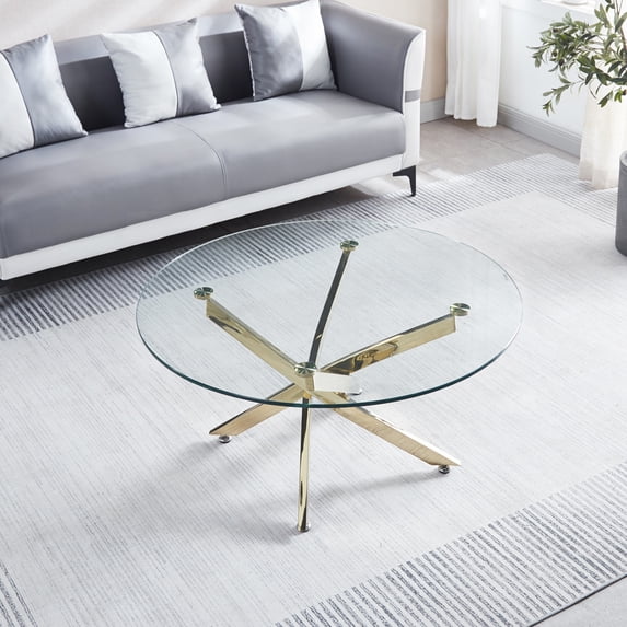 Modern Round Tempered Glass Coffee Table with Chrome Legs Gold