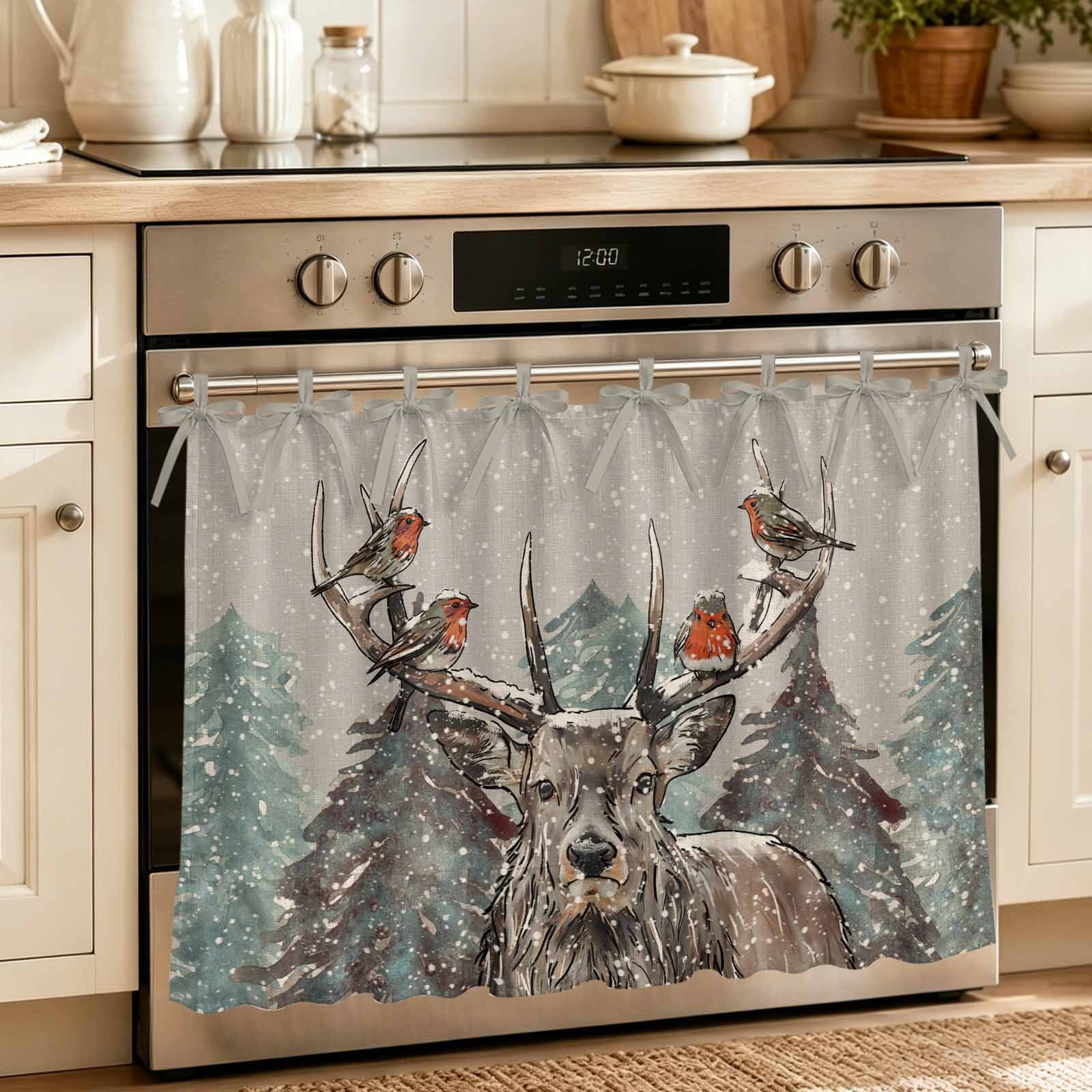 Oven Curtain for Kitchen Winter Christmas Reindeer Bird Stove Curtain With Ruffled Trim Dishwasher Curtains Watercolor Pine Tree on Flax Oven Skirt 32 x24
