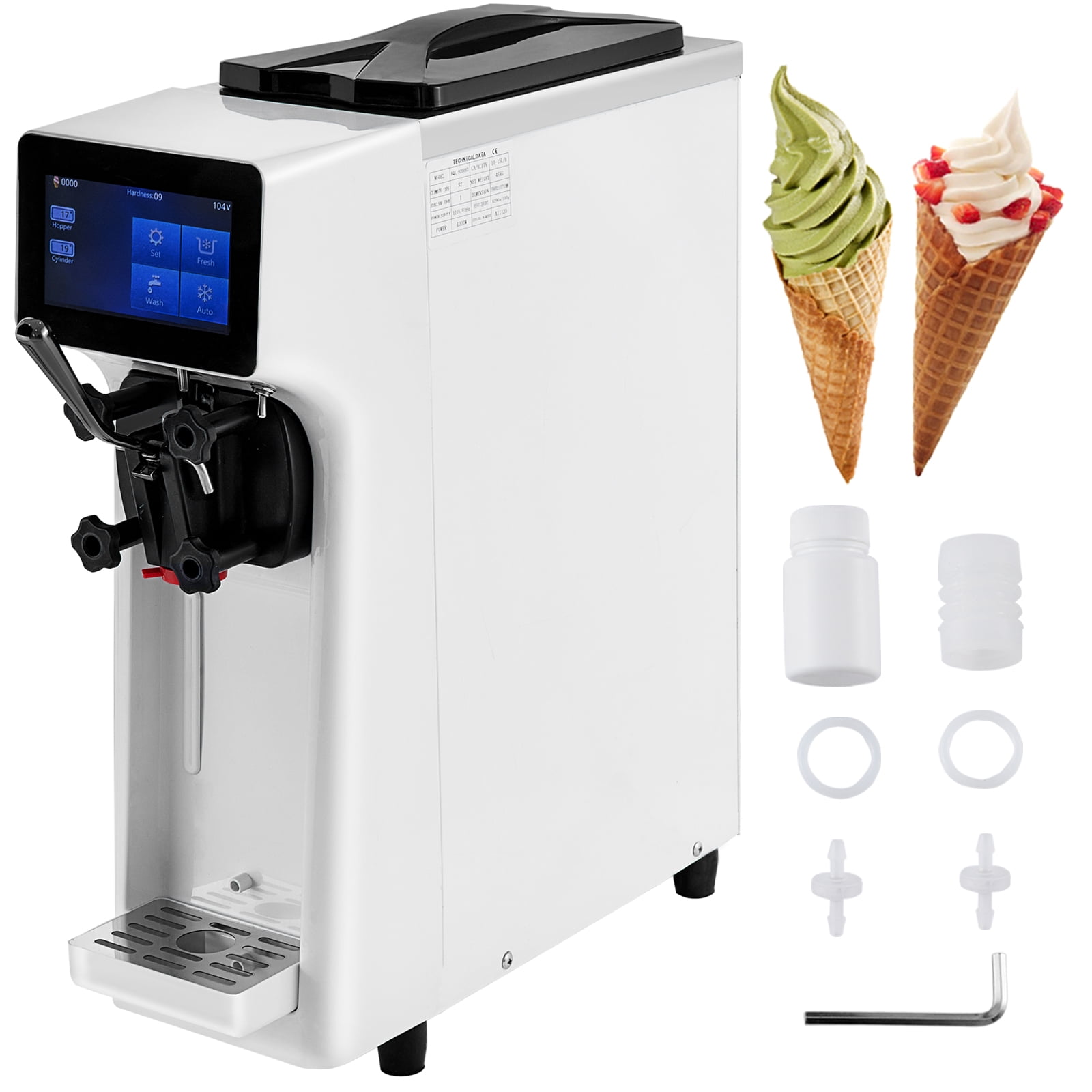 VEVOR Commercial Ice Cream Maker 10 20L H Yield 1000W Countertop Soft Serve Machine with 4.5L Hopper 1.6L Cylinder Touch Screen Puffing Shortage Alarm Frozen Yogurt Maker for Cafe Snack Bar White Walm...